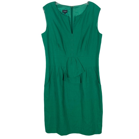 nwot HOBBS London Dress UK14/US10 Linen Green Split-V-Neck Button Bow-Detail